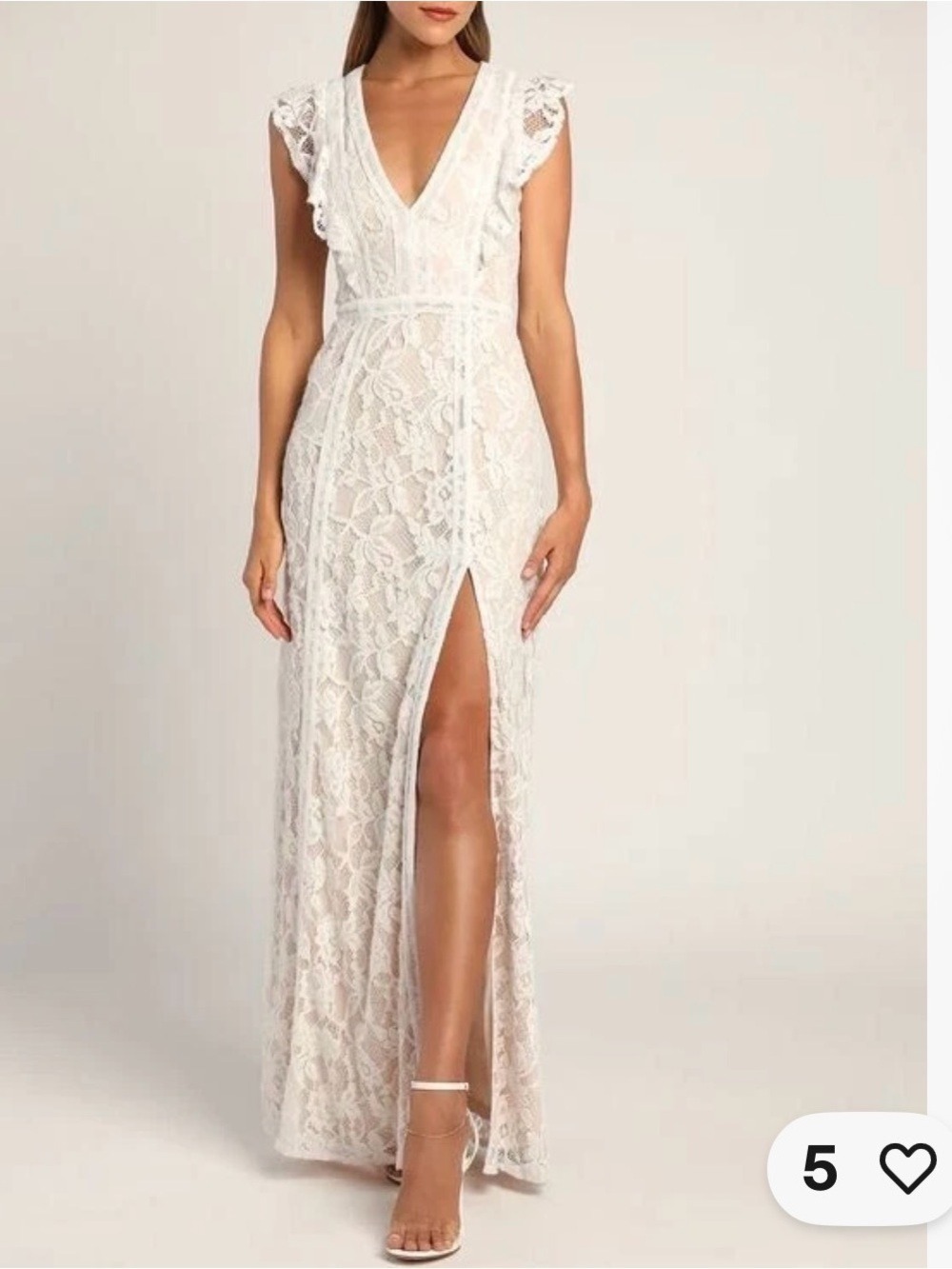 5. Lulu's Ivory Lace Maxi Dress with Ruffle Shoulders and Side Slit - Picture 2 of 8